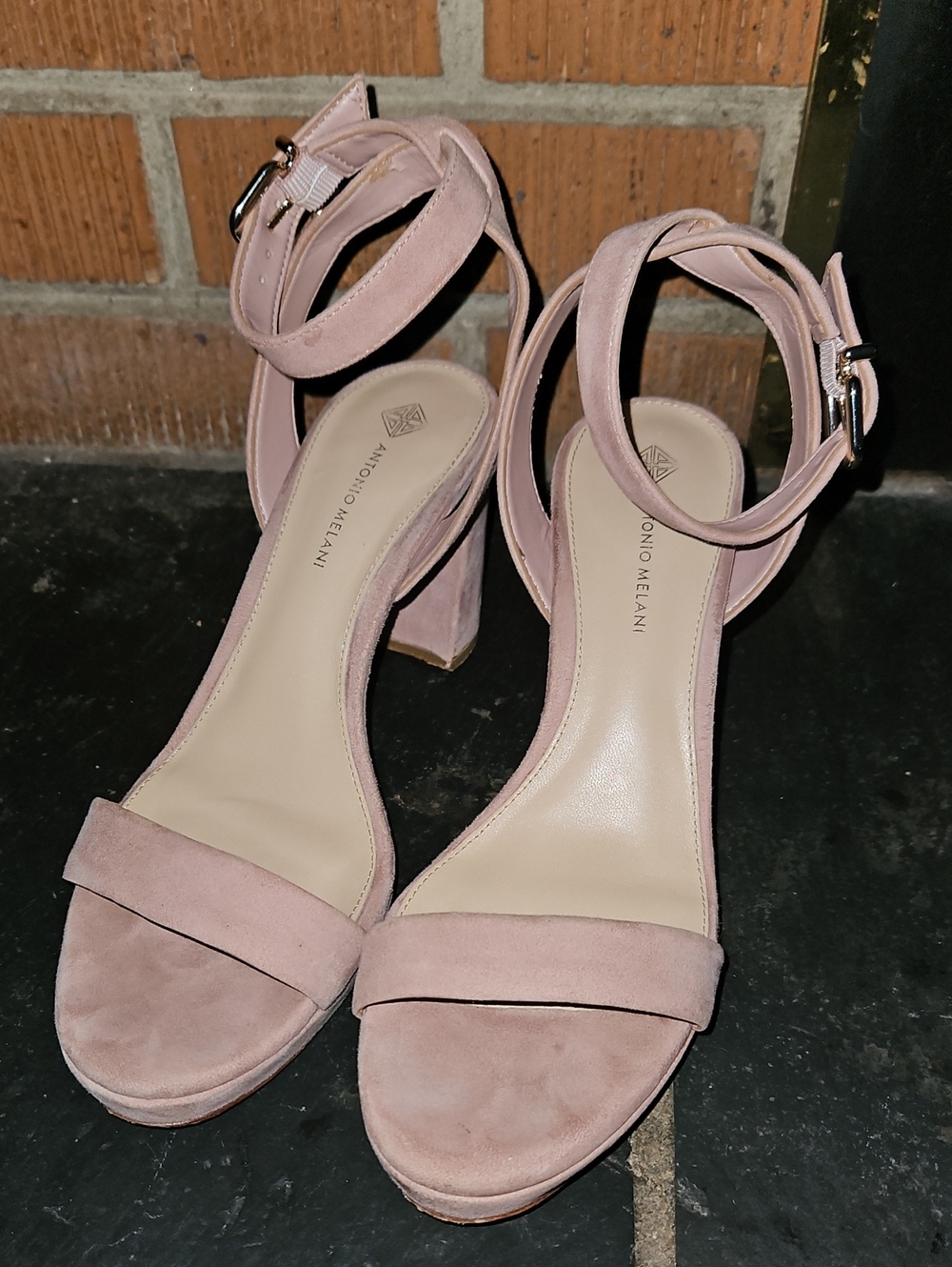 ANTONIO MELANI Dusty Pink Suede Ankle-Strap Block Heel Sandals